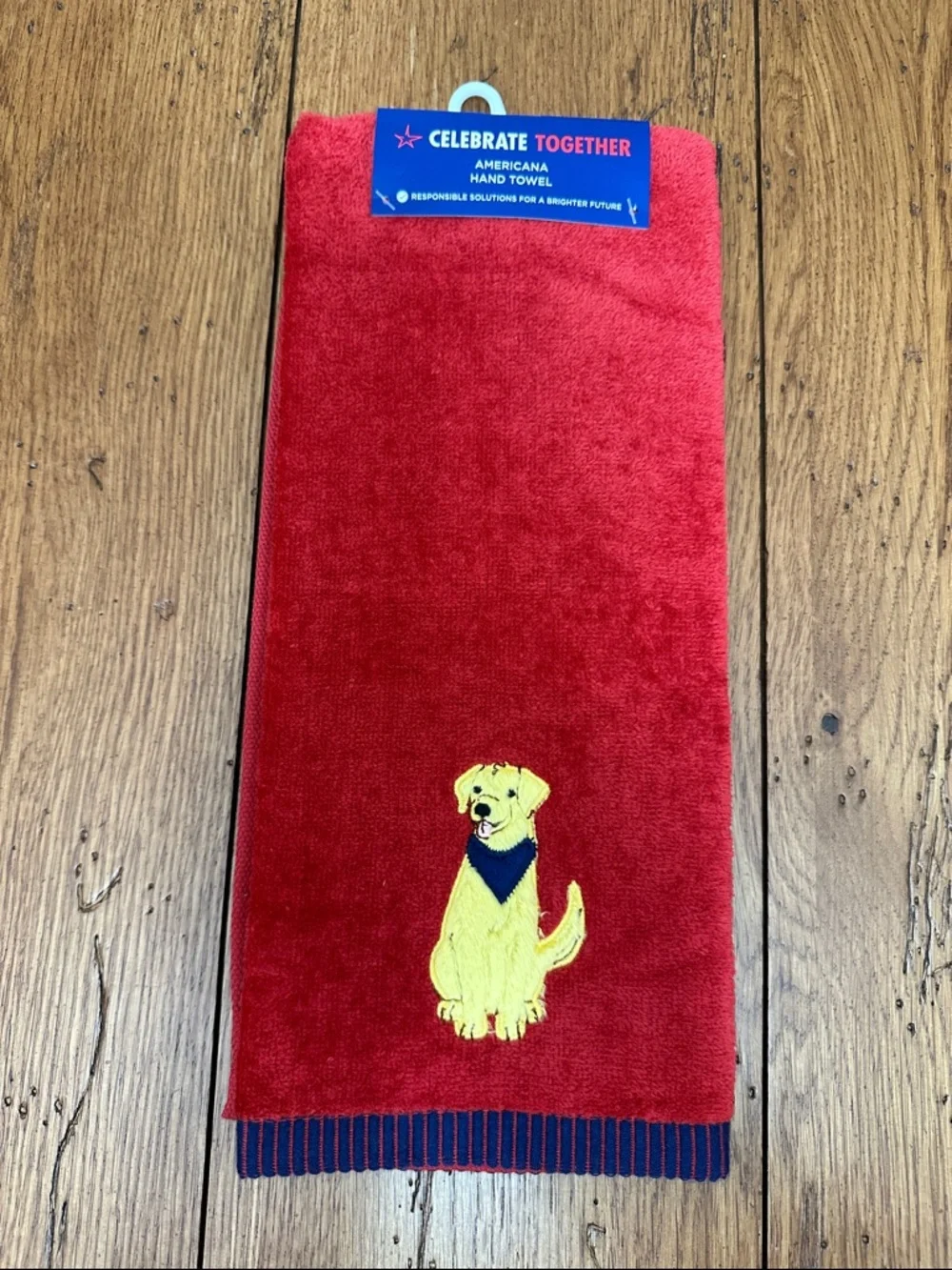 Dog Embroidered Red Hand Towel with Yellow Labrador Motif
